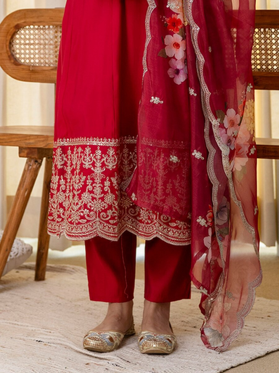 Red Silk Blend Embroidery Sequins Wedding Festival Casual Party Ready Pant Salwar Kameez