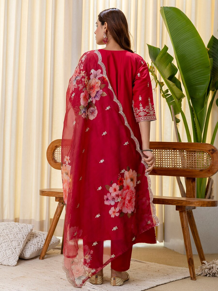 Red Silk Blend Embroidery Sequins Wedding Festival Casual Party Ready Pant Salwar Kameez