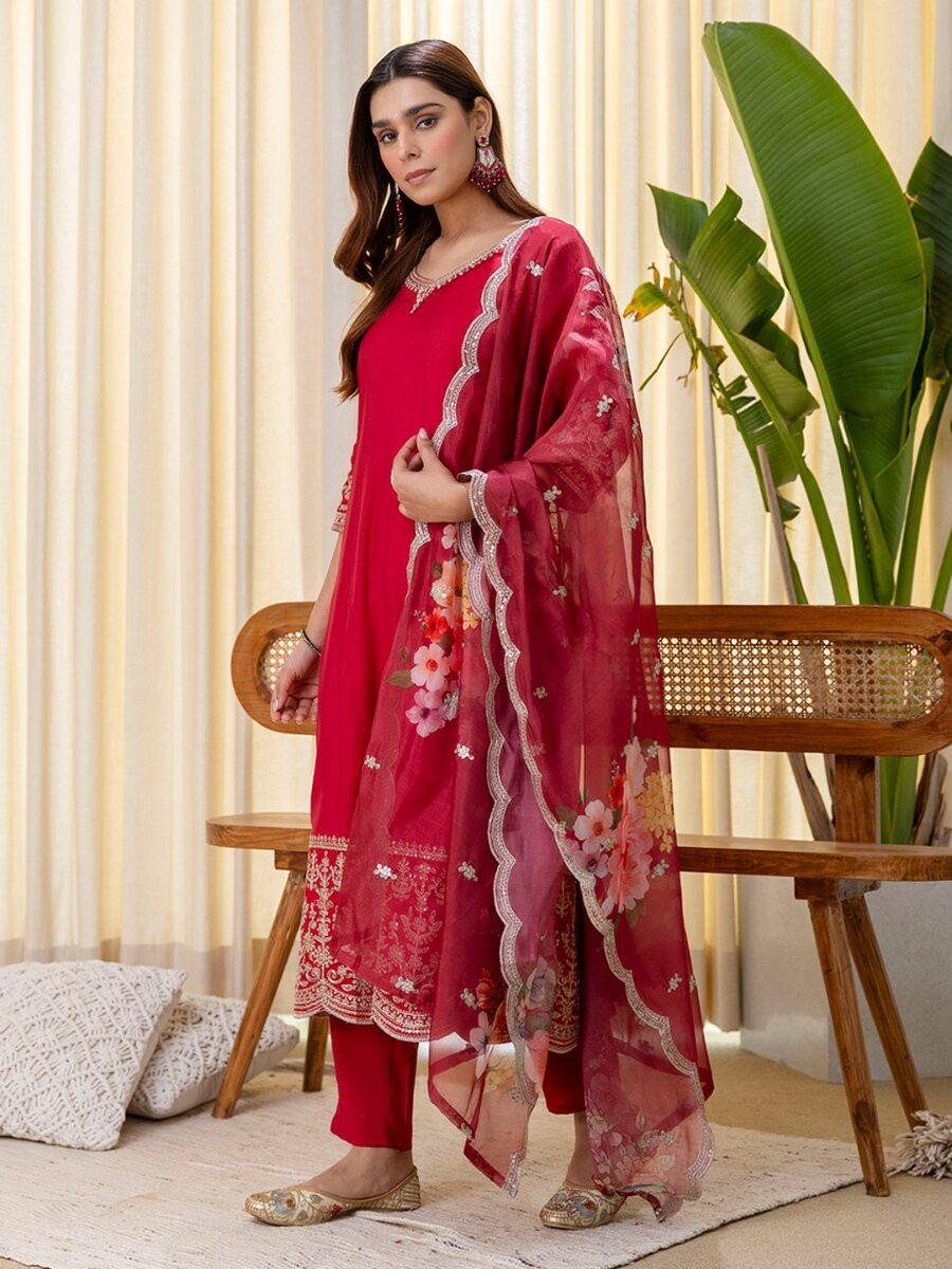 Red Silk Blend Embroidery Sequins Wedding Festival Casual Party Ready Pant Salwar Kameez