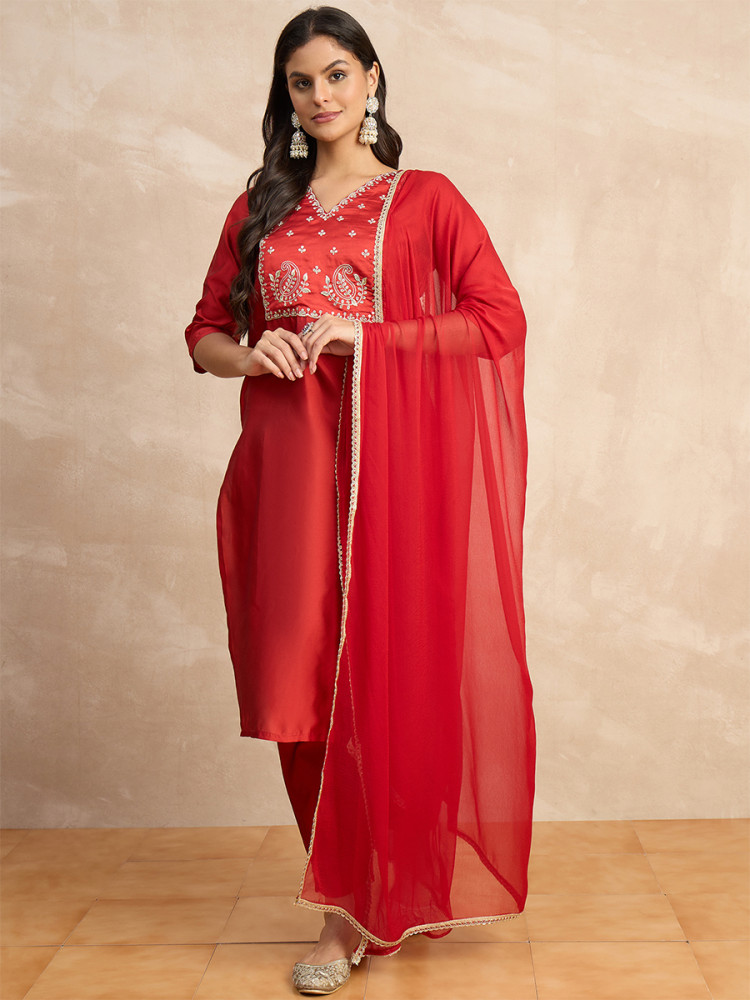 Image of Red Silk Blend Embroidery Wedding Party Festival Casual Ready Pant Salwar Kameez