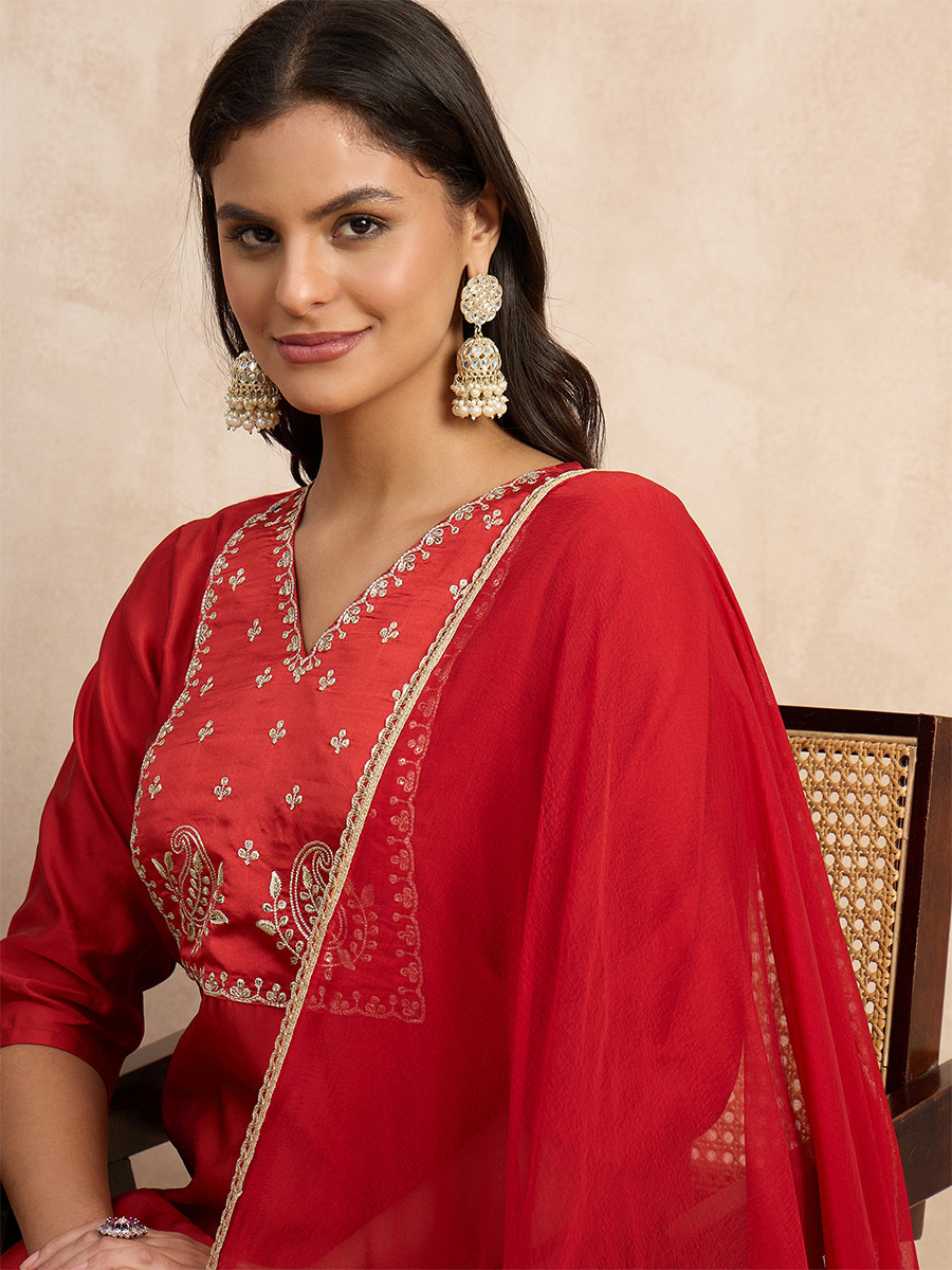 Red Silk Blend Embroidery Wedding Party Festival Casual Ready Pant Salwar Kameez