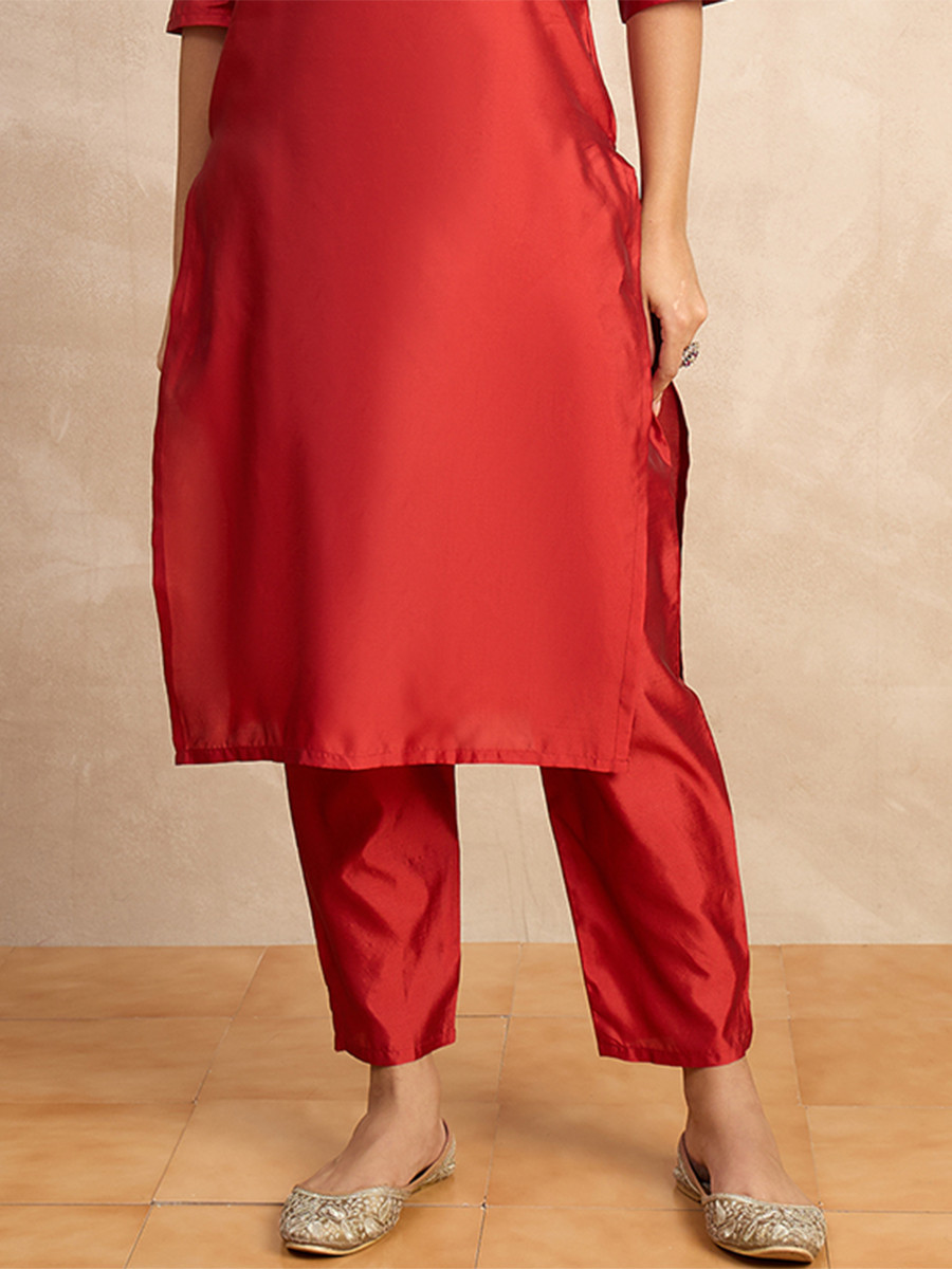 Red Silk Blend Embroidery Wedding Party Festival Casual Ready Pant Salwar Kameez
