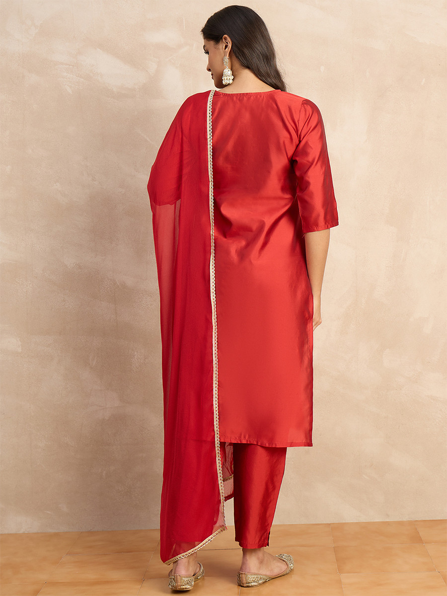 Red Silk Blend Embroidery Wedding Party Festival Casual Ready Pant Salwar Kameez
