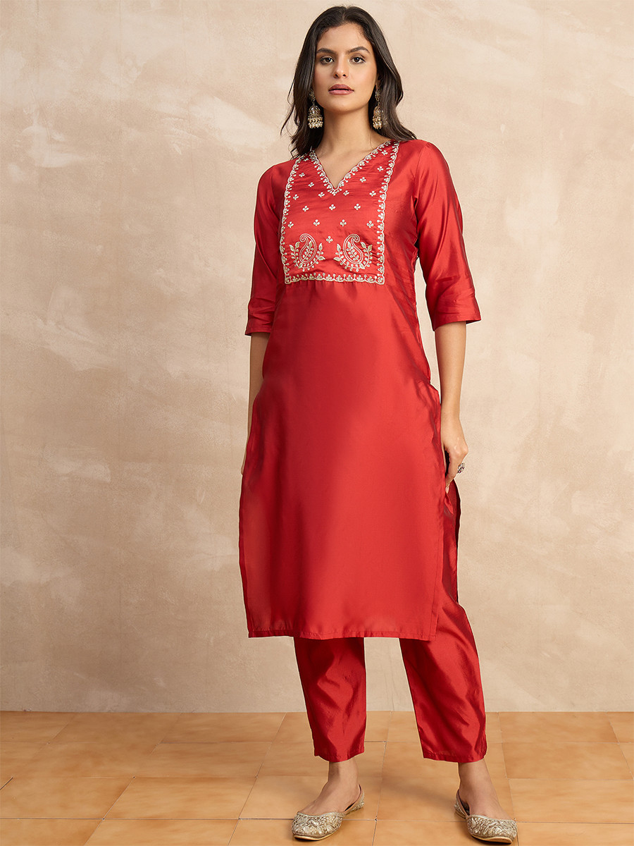 Red Silk Blend Embroidery Wedding Party Festival Casual Ready Pant Salwar Kameez