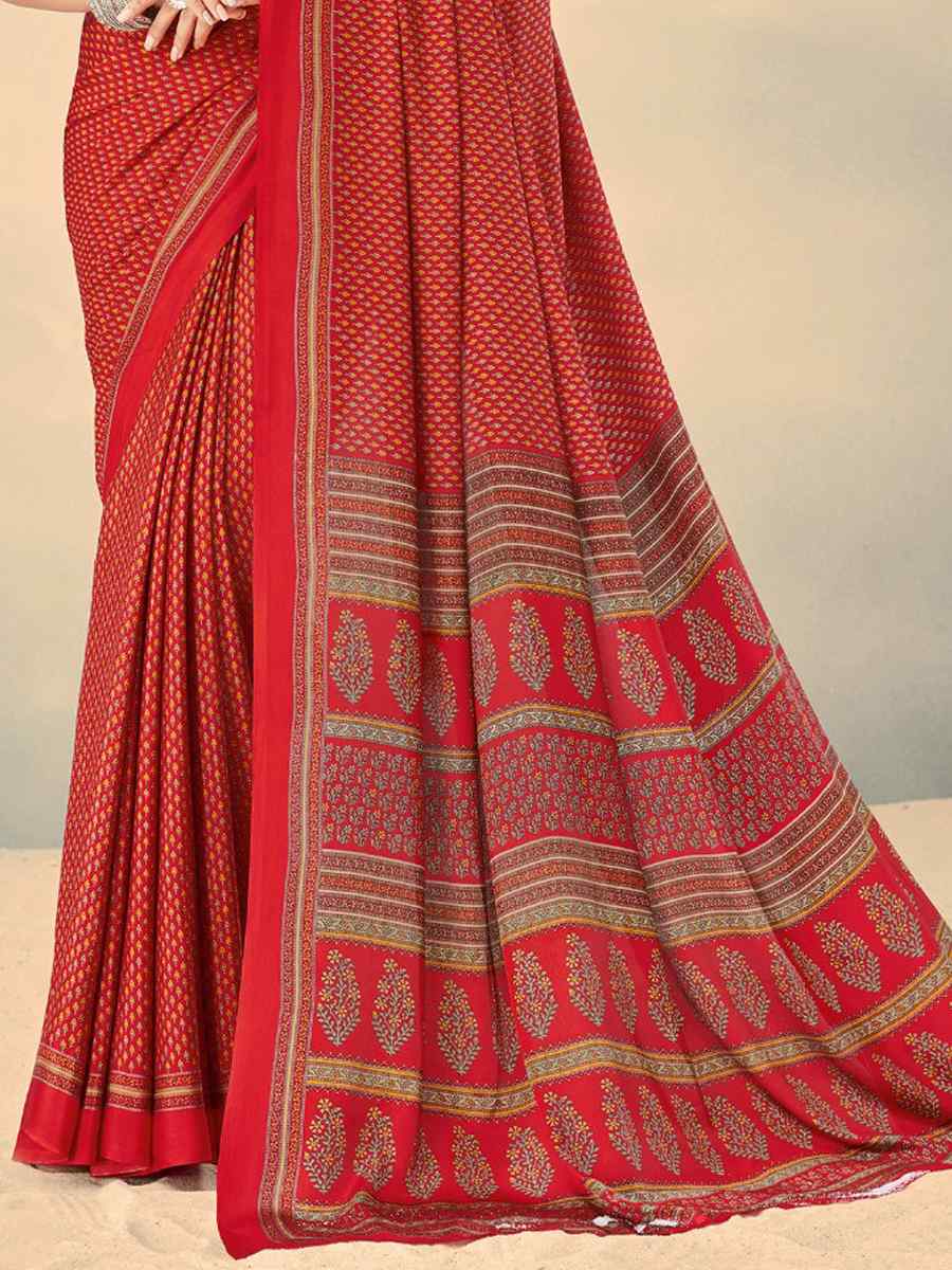 Red Silk Crepe Printed Casual Festival Contemporary Saree