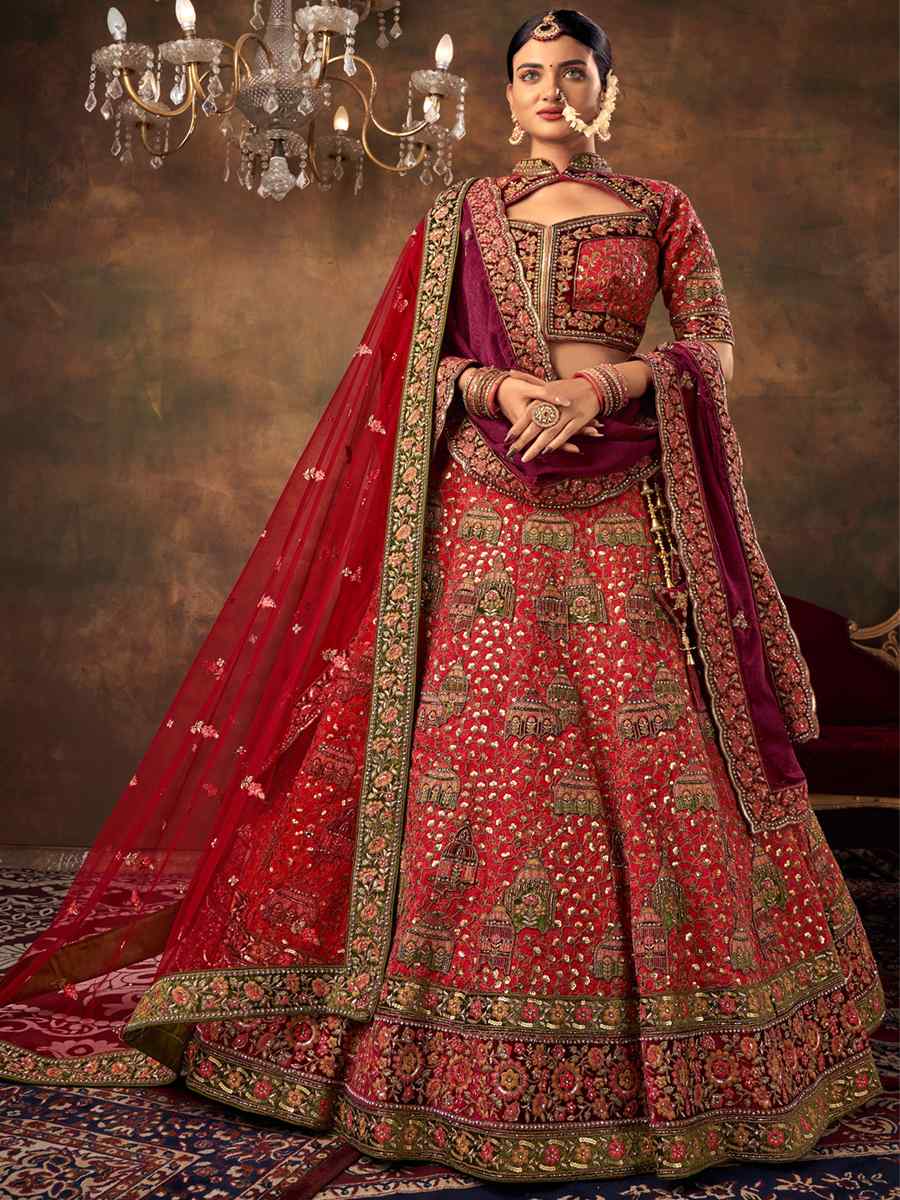 Red Silk Embroidered Bridal Reception Heavy Border Lehenga Choli