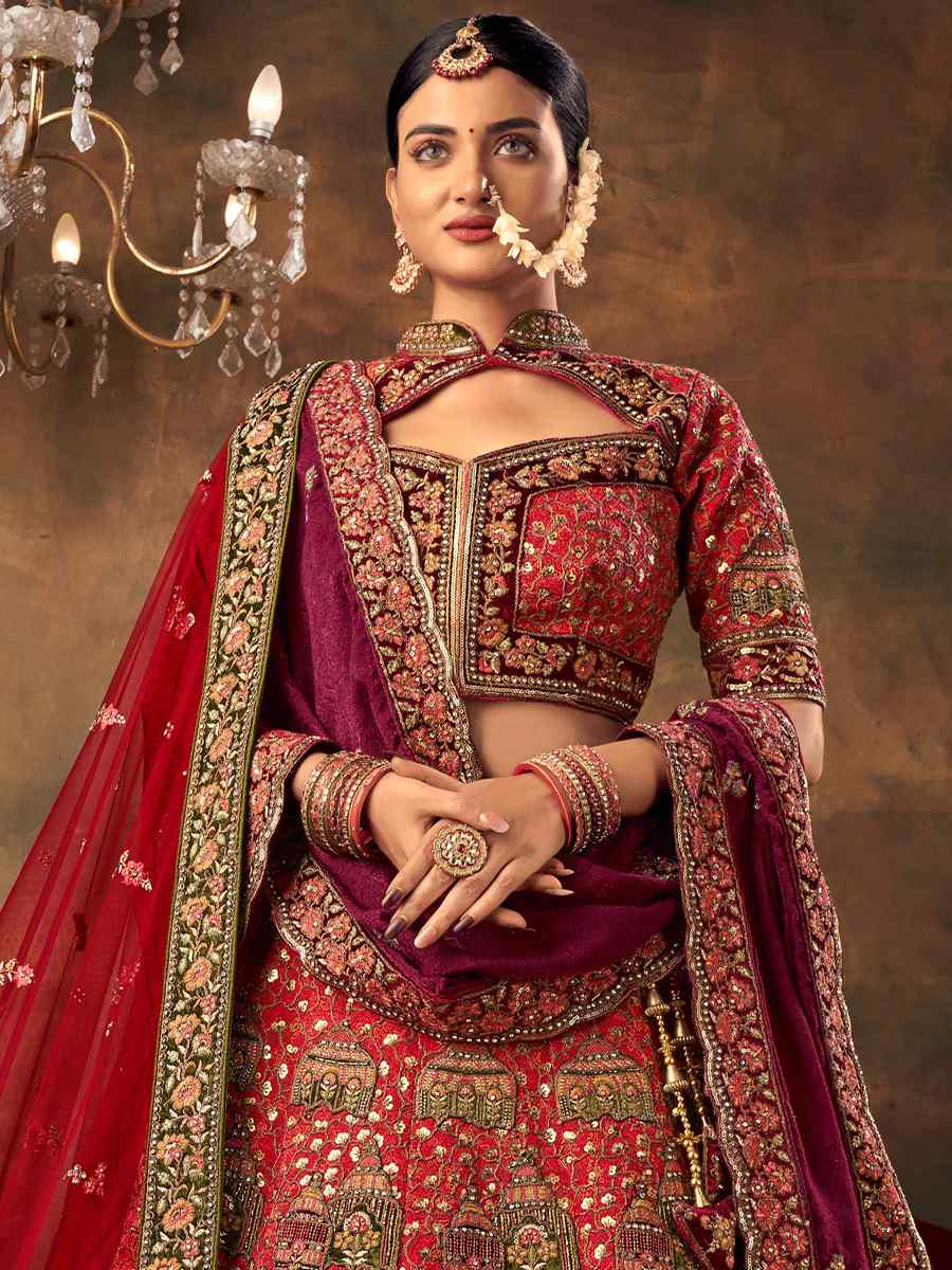 Red Silk Embroidered Bridal Reception Heavy Border Lehenga Choli