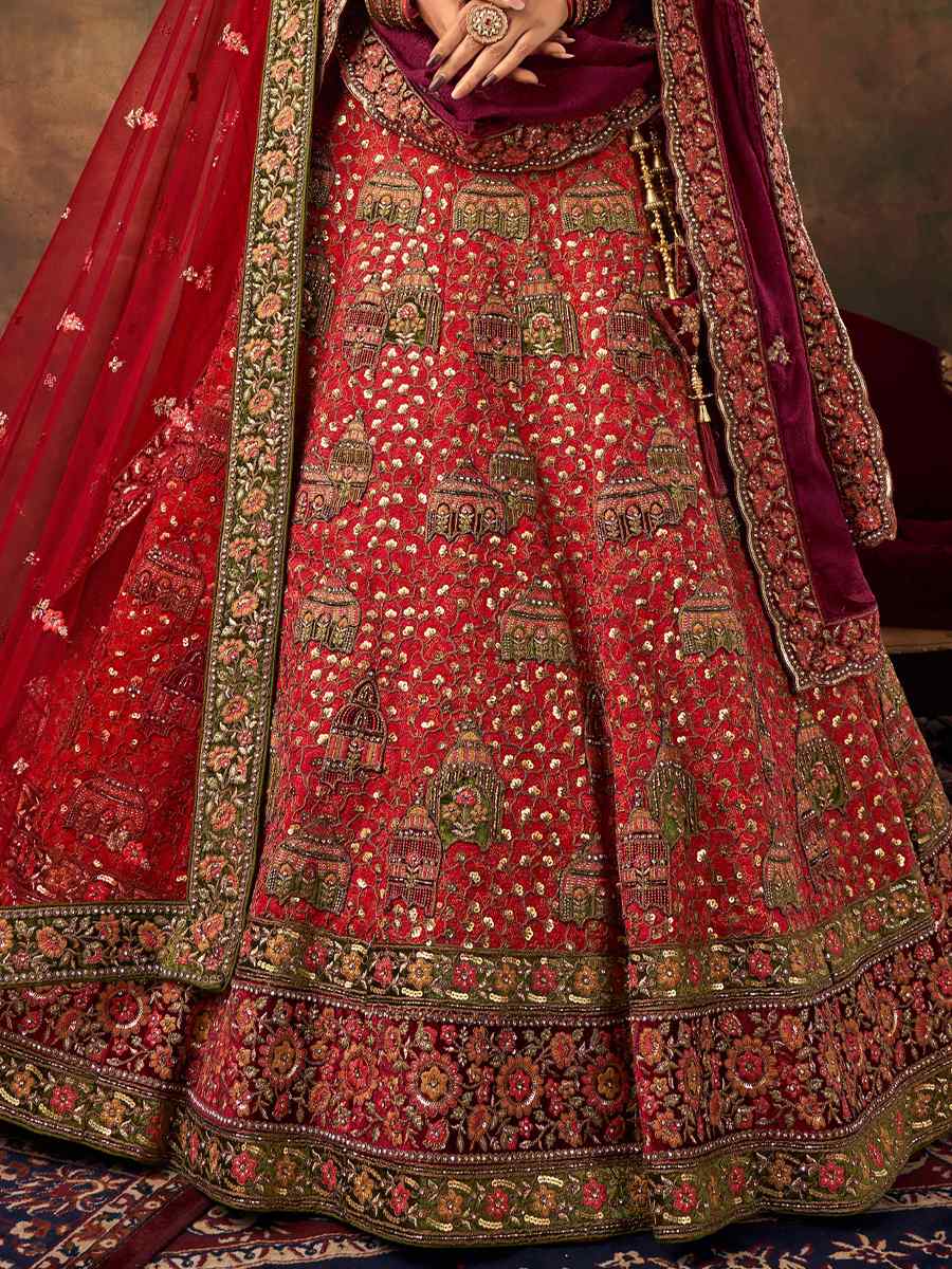 Red Silk Embroidered Bridal Reception Heavy Border Lehenga Choli