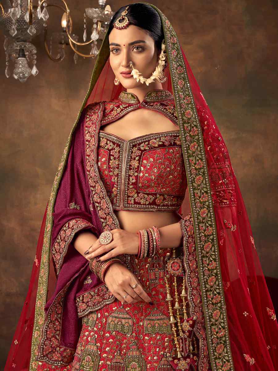 Red Silk Embroidered Bridal Reception Heavy Border Lehenga Choli