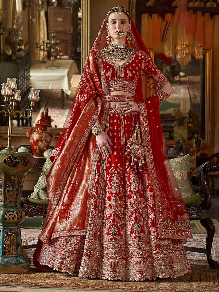 Red Silk Embroidered Bridal Wedding Reception Festival Heavy Border Lehenga Choli