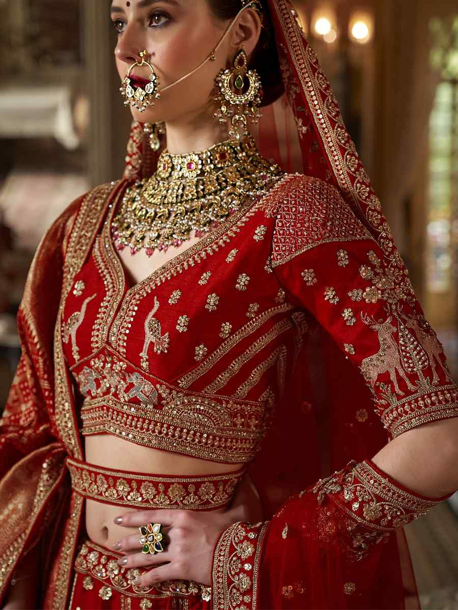 Red Silk Embroidered Bridal Wedding Reception Festival Heavy Border Lehenga Choli