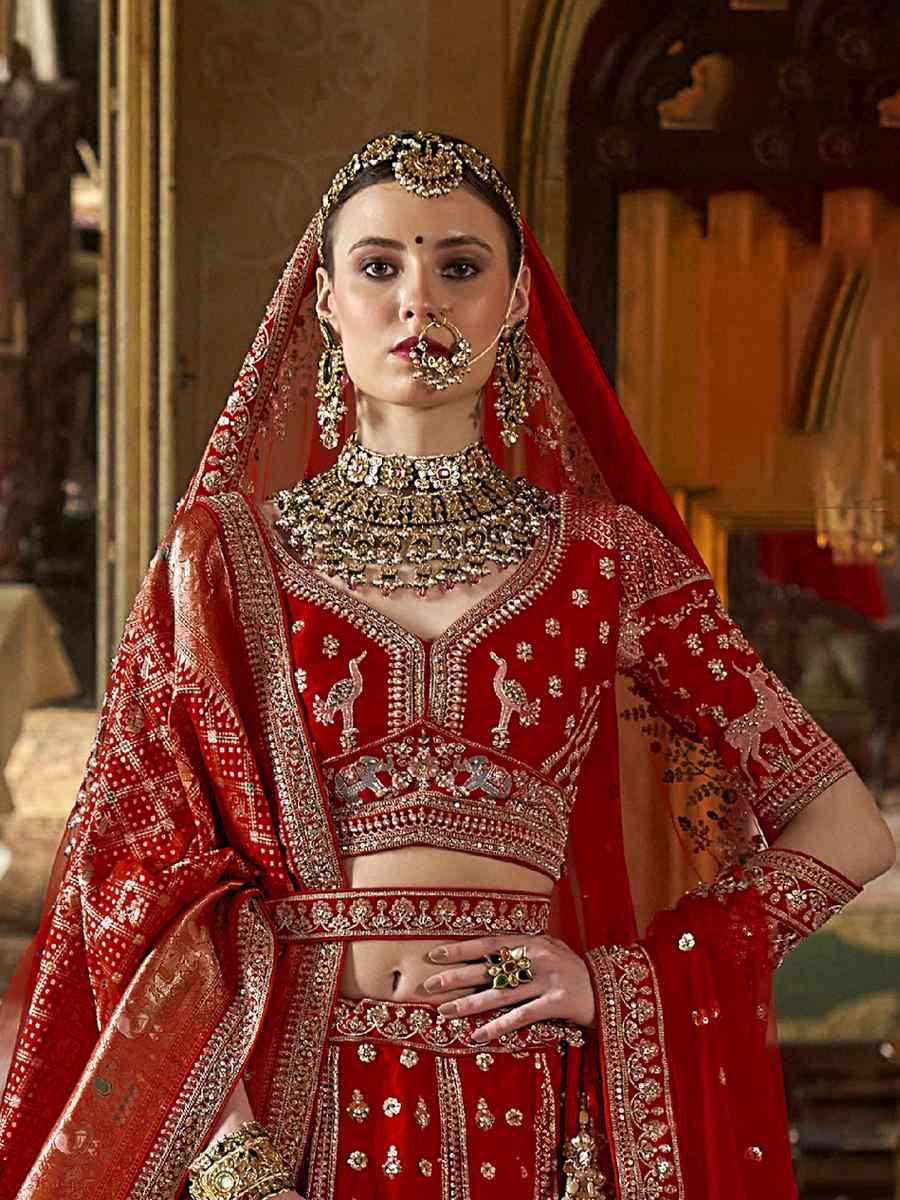 Red Silk Embroidered Bridal Wedding Reception Festival Heavy Border Lehenga Choli