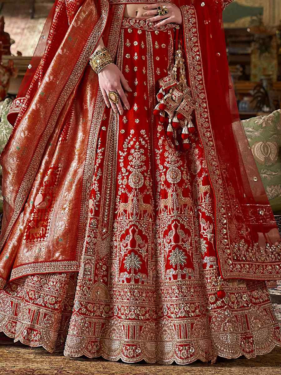 Red Silk Embroidered Bridal Wedding Reception Festival Heavy Border Lehenga Choli