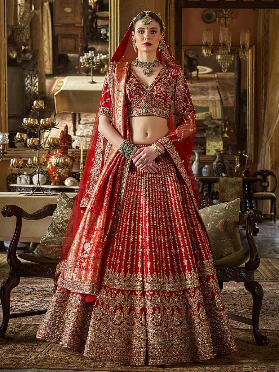 Red Silk Embroidered Bridal Wedding Reception Festival Heavy Border Lehenga Choli