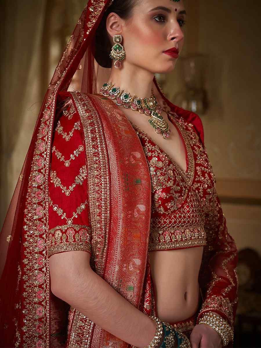 Red Silk Embroidered Bridal Wedding Reception Festival Heavy Border Lehenga Choli