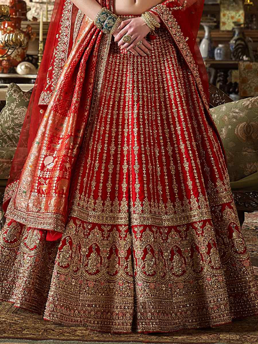 Red Silk Embroidered Bridal Wedding Reception Festival Heavy Border Lehenga Choli