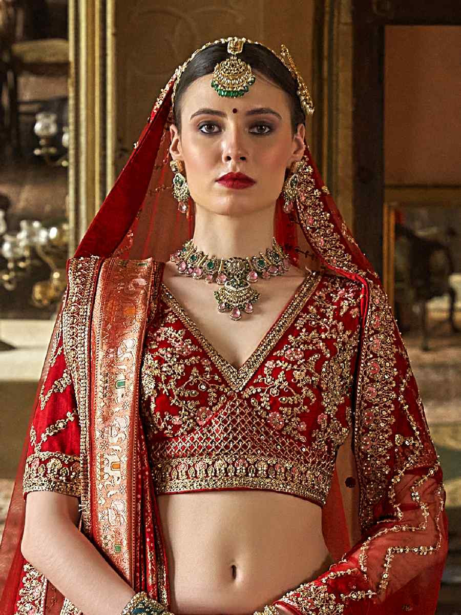 Red Silk Embroidered Bridal Wedding Reception Festival Heavy Border Lehenga Choli