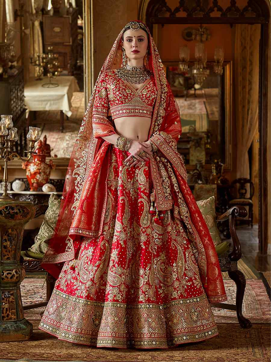 Red Silk Embroidered Bridal Wedding Reception Festival Heavy Border Lehenga Choli