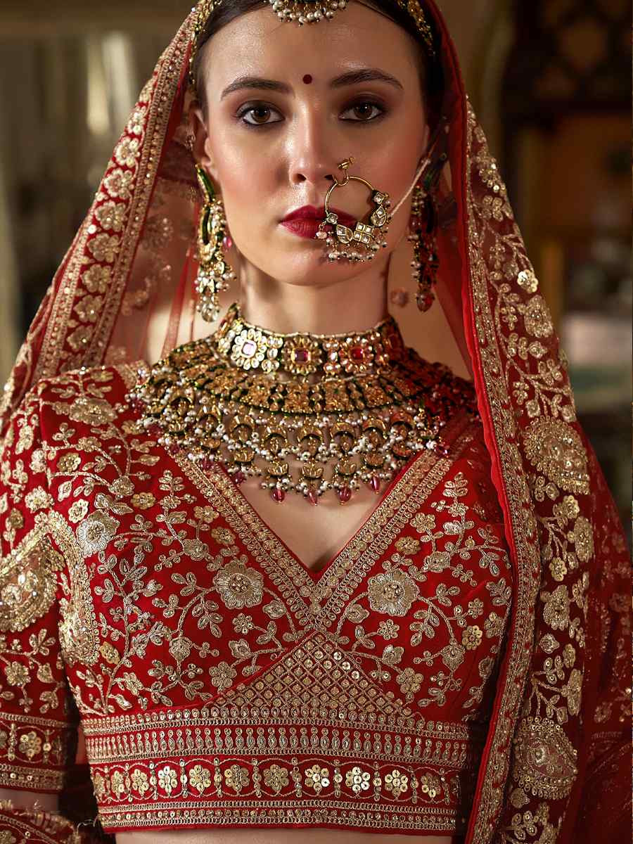Red Silk Embroidered Bridal Wedding Reception Festival Heavy Border Lehenga Choli