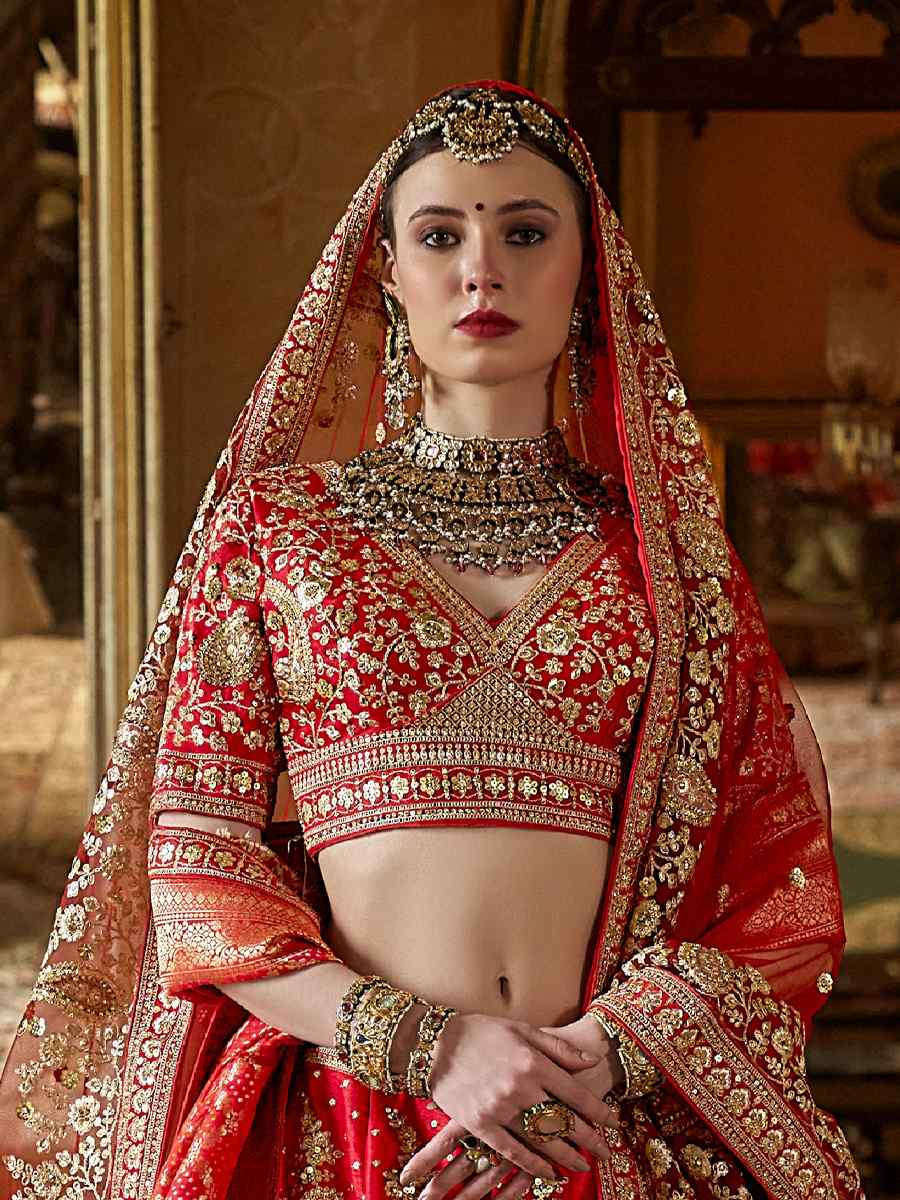 Red Silk Embroidered Bridal Wedding Reception Festival Heavy Border Lehenga Choli