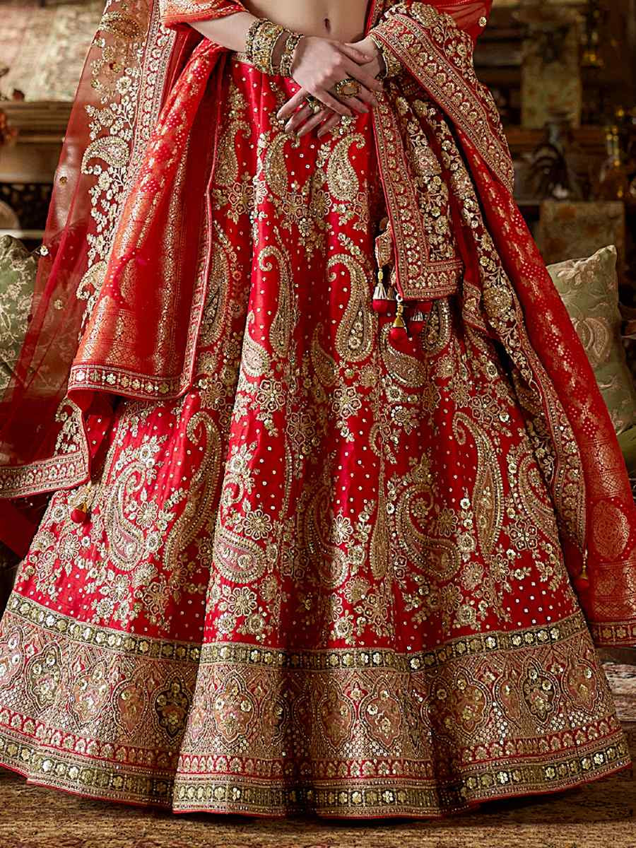 Red Silk Embroidered Bridal Wedding Reception Festival Heavy Border Lehenga Choli