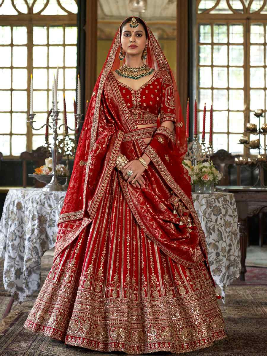 Red Silk Embroidered Bridal Wedding Reception Festival Heavy Border Lehenga Choli