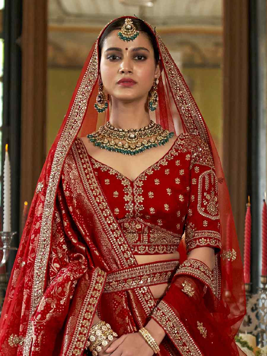 Red Silk Embroidered Bridal Wedding Reception Festival Heavy Border Lehenga Choli