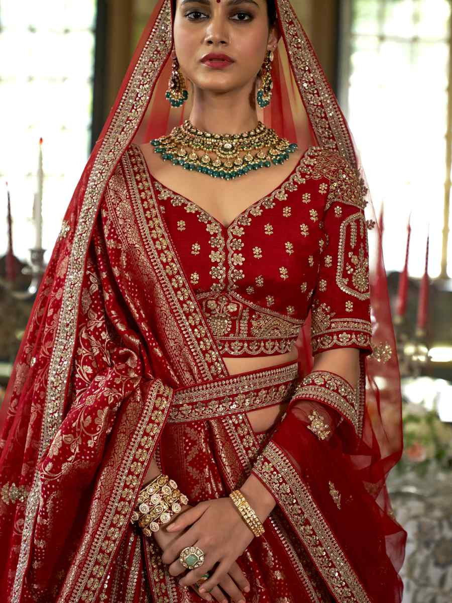 Red Silk Embroidered Bridal Wedding Reception Festival Heavy Border Lehenga Choli
