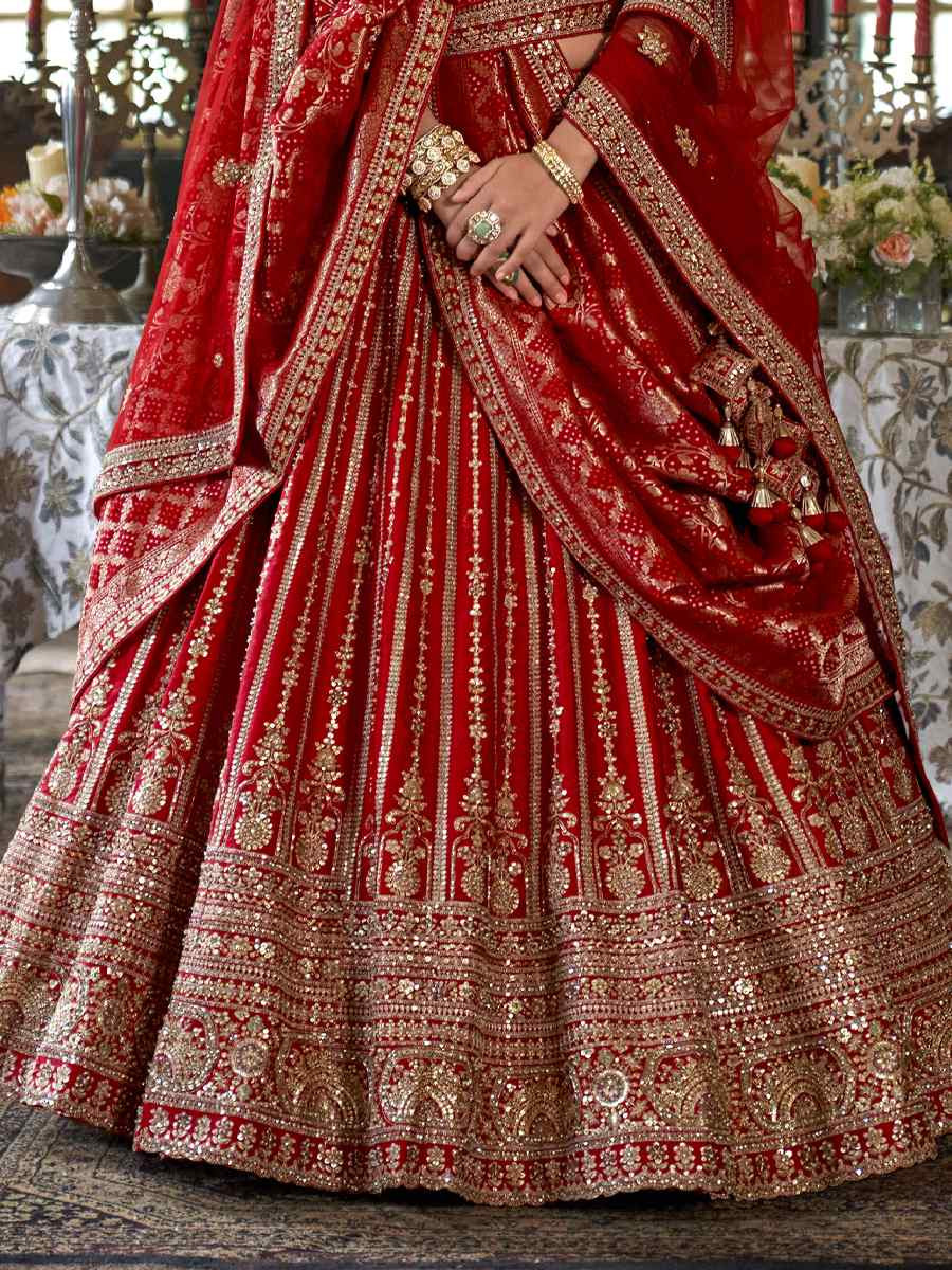 Red Silk Embroidered Bridal Wedding Reception Festival Heavy Border Lehenga Choli
