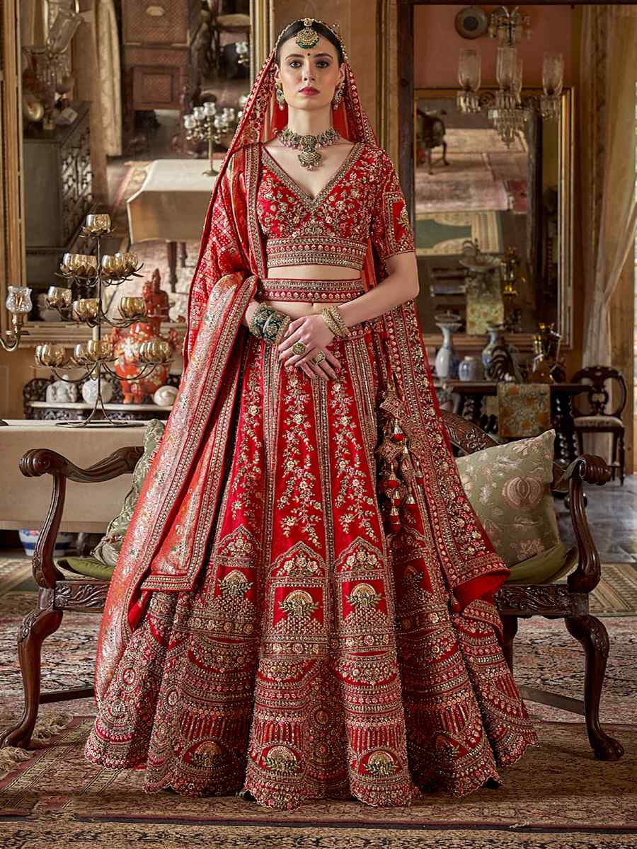 Red Silk Embroidered Bridal Wedding Reception Festival Heavy Border Lehenga Choli