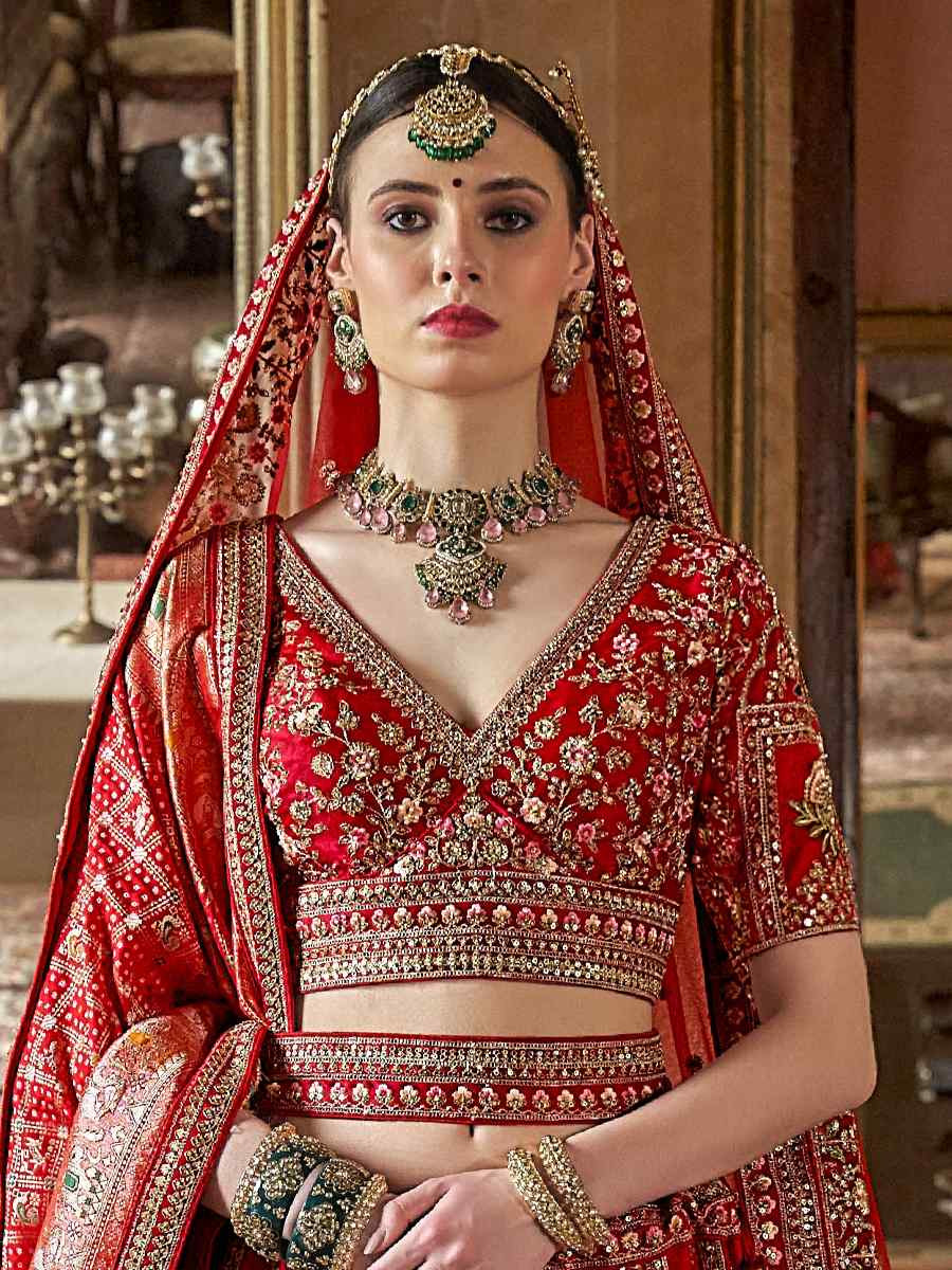 Red Silk Embroidered Bridal Wedding Reception Festival Heavy Border Lehenga Choli