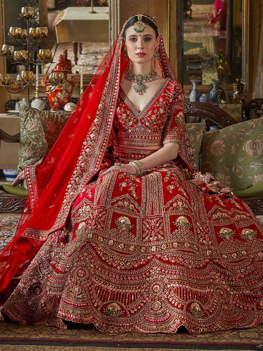 Red Silk Embroidered Bridal Wedding Reception Festival Heavy Border Lehenga Choli