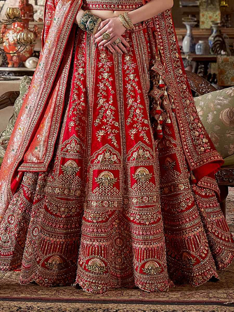 Red Silk Embroidered Bridal Wedding Reception Festival Heavy Border Lehenga Choli