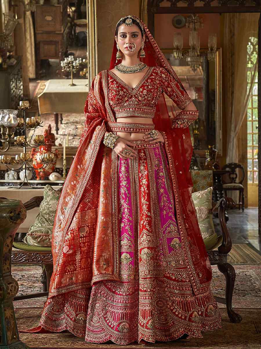 Red Silk Embroidered Bridal Wedding Reception Festival Heavy Border Lehenga Choli