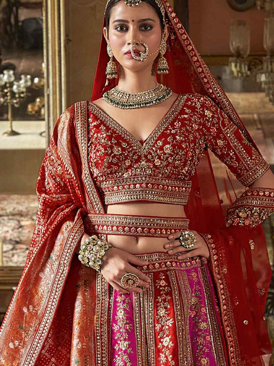 Red Silk Embroidered Bridal Wedding Reception Festival Heavy Border Lehenga Choli