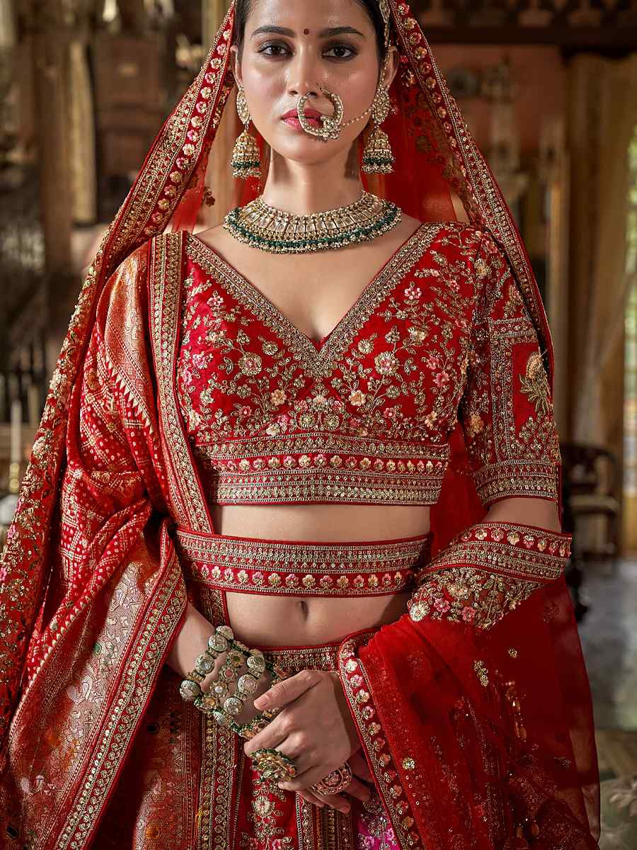 Red Silk Embroidered Bridal Wedding Reception Festival Heavy Border Lehenga Choli