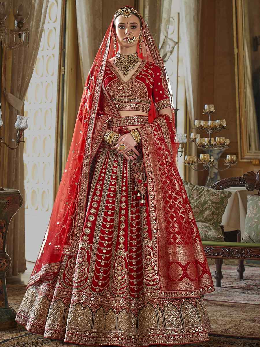 Red Silk Embroidered Bridal Wedding Reception Festival Heavy Border Lehenga Choli