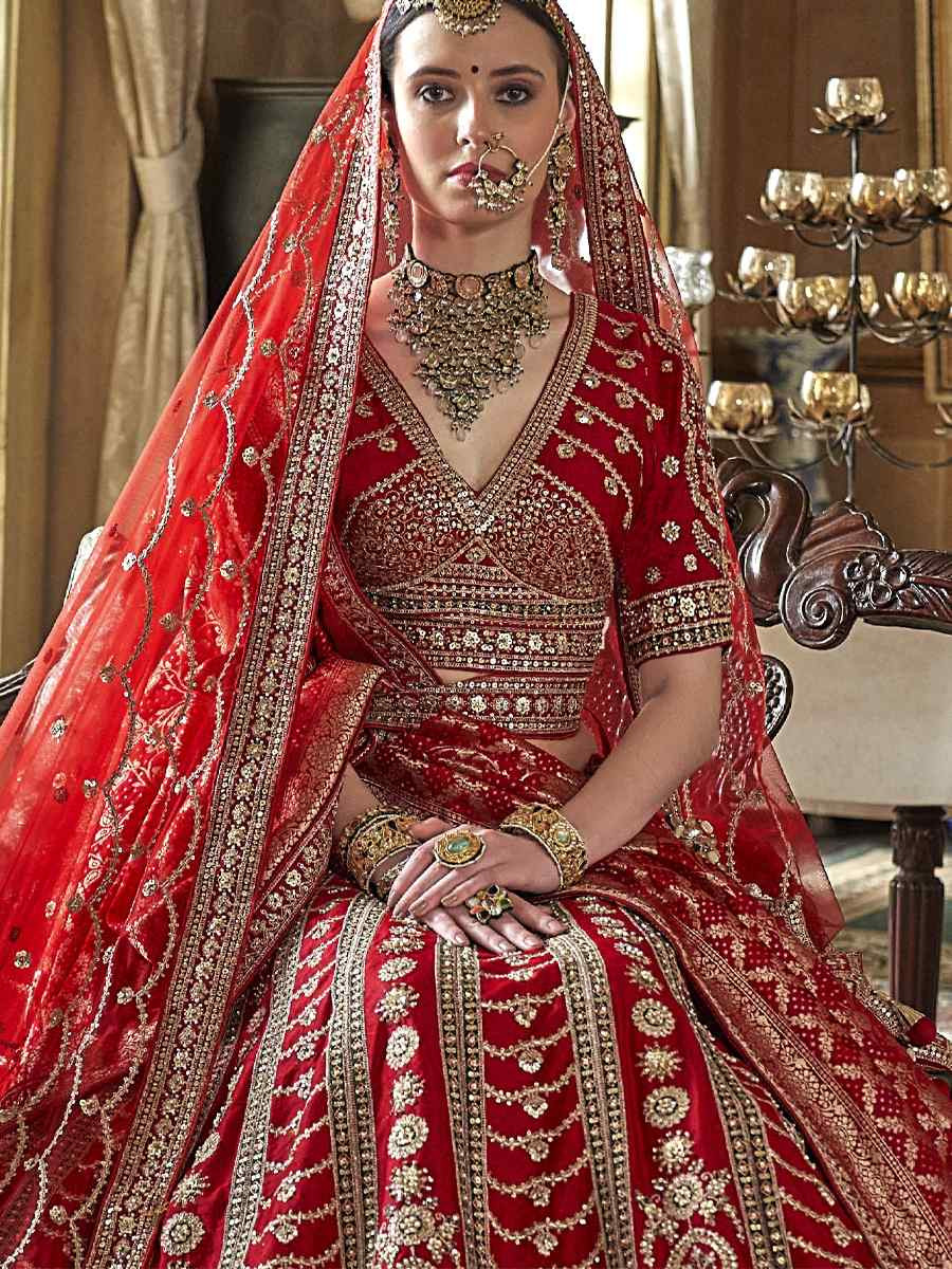 Red Silk Embroidered Bridal Wedding Reception Festival Heavy Border Lehenga Choli