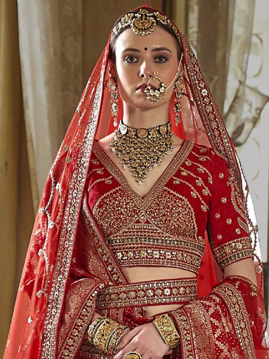 Red Silk Embroidered Bridal Wedding Reception Festival Heavy Border Lehenga Choli