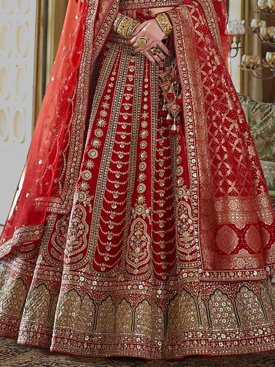 Red Silk Embroidered Bridal Wedding Reception Festival Heavy Border Lehenga Choli