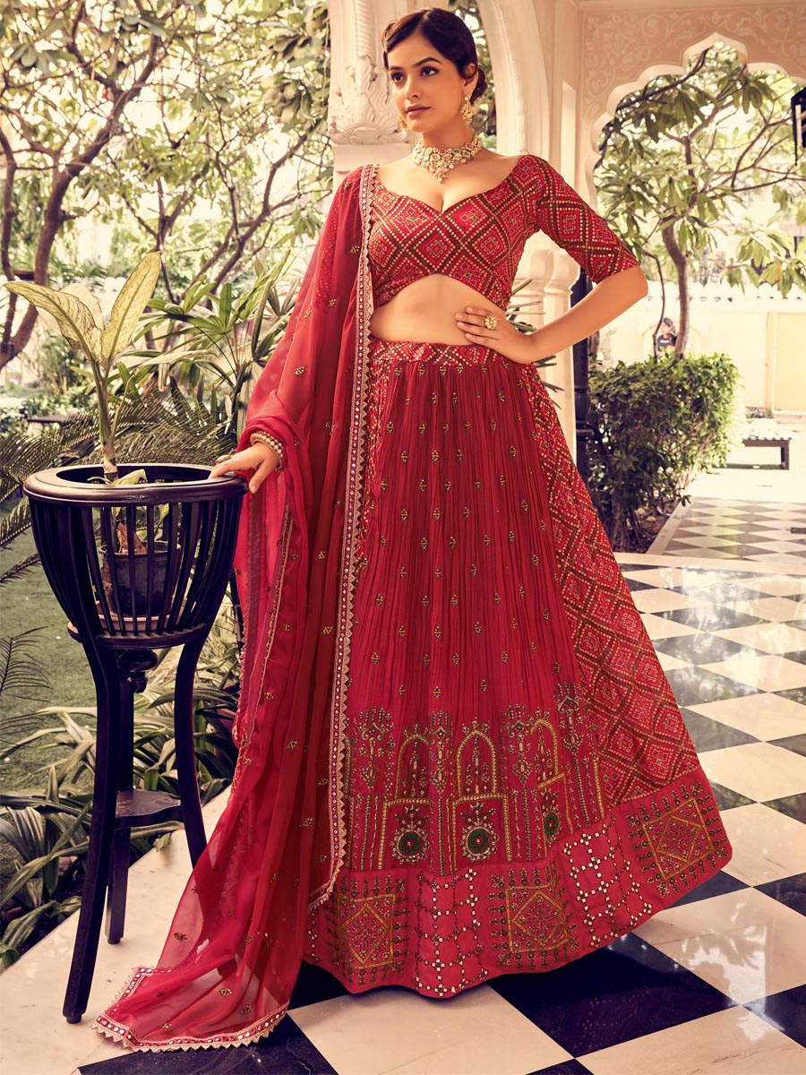 Red Silk Embroidered Bridesmaid Wedding Heavy Border Lehenga Choli