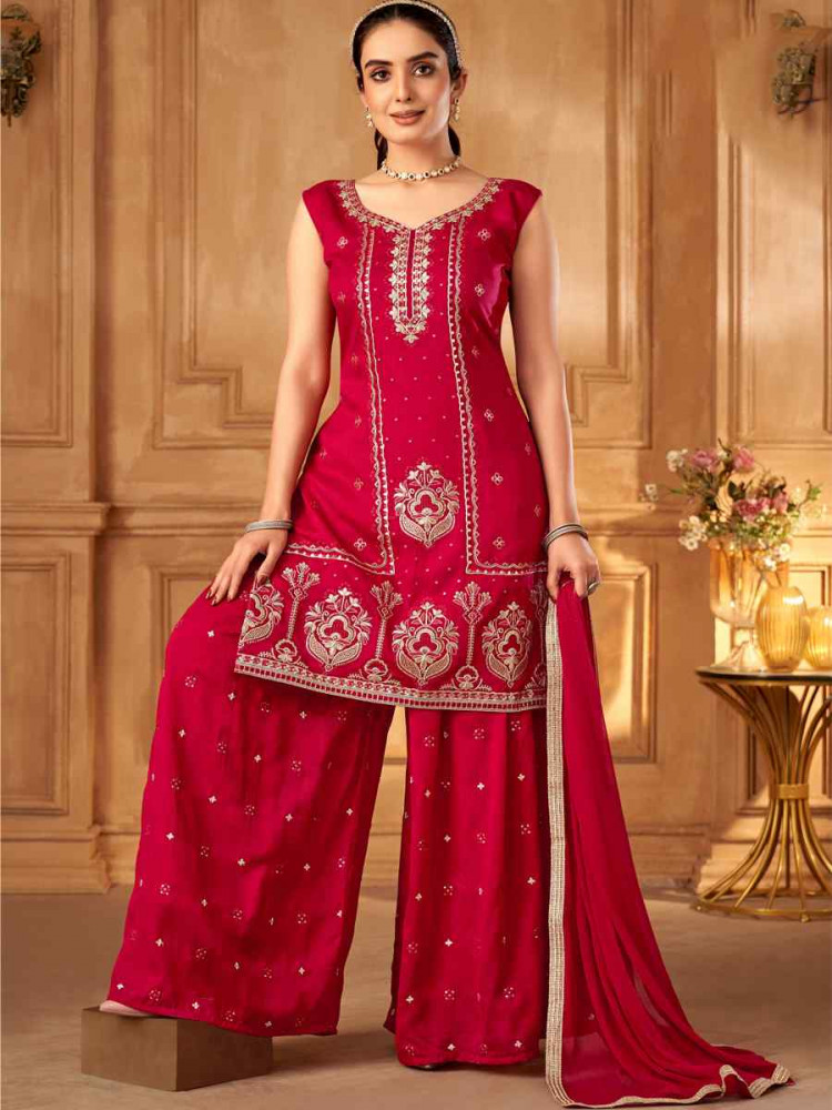 Red Silk Embroidered Festival Casual Ready Palazzo Pant Salwar Kameez