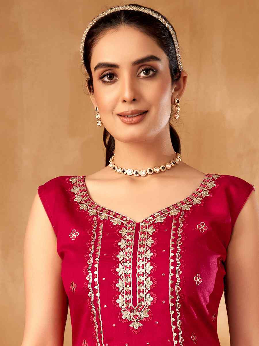 Red Silk Embroidered Festival Casual Ready Palazzo Pant Salwar Kameez