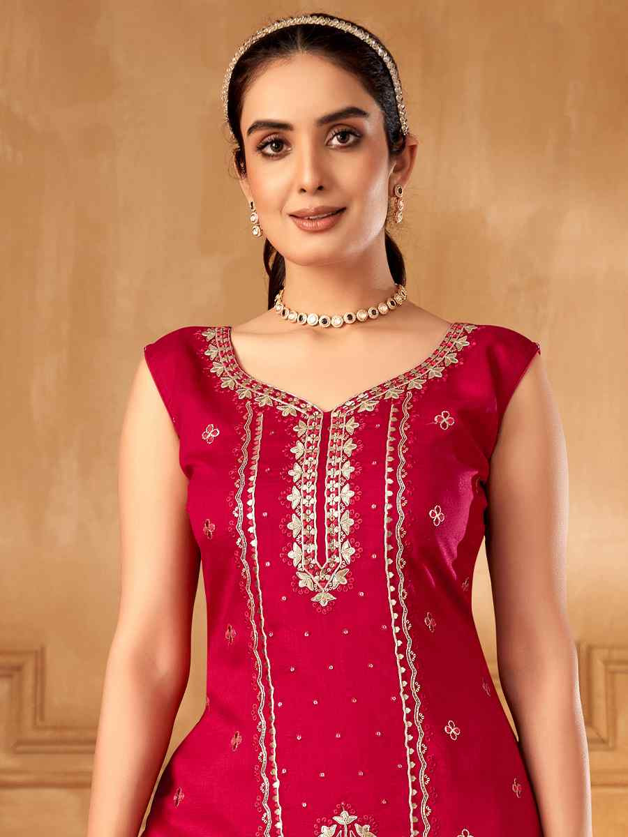 Red Silk Embroidered Festival Casual Ready Palazzo Pant Salwar Kameez