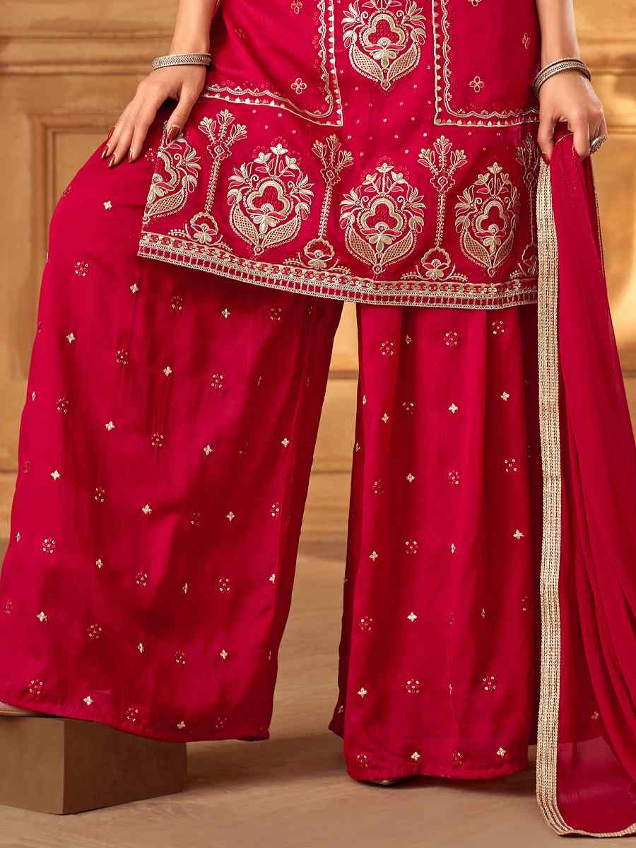 Red Silk Embroidered Festival Casual Ready Palazzo Pant Salwar Kameez