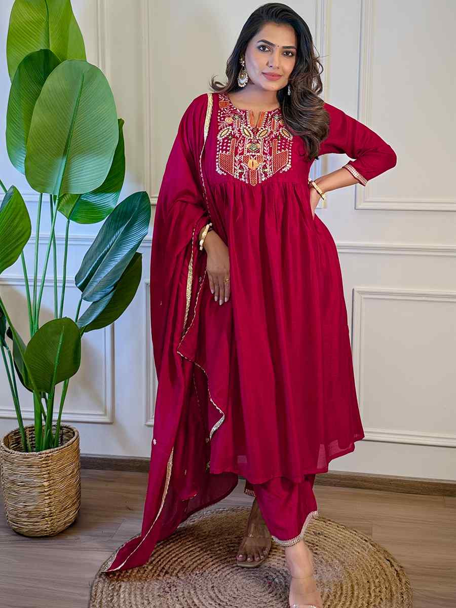 Red Silk Embroidered Festival Casual Ready Pant Salwar Kameez