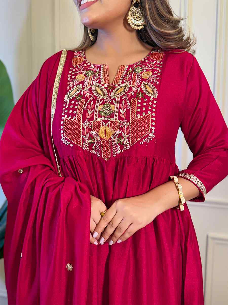 Red Silk Embroidered Festival Casual Ready Pant Salwar Kameez