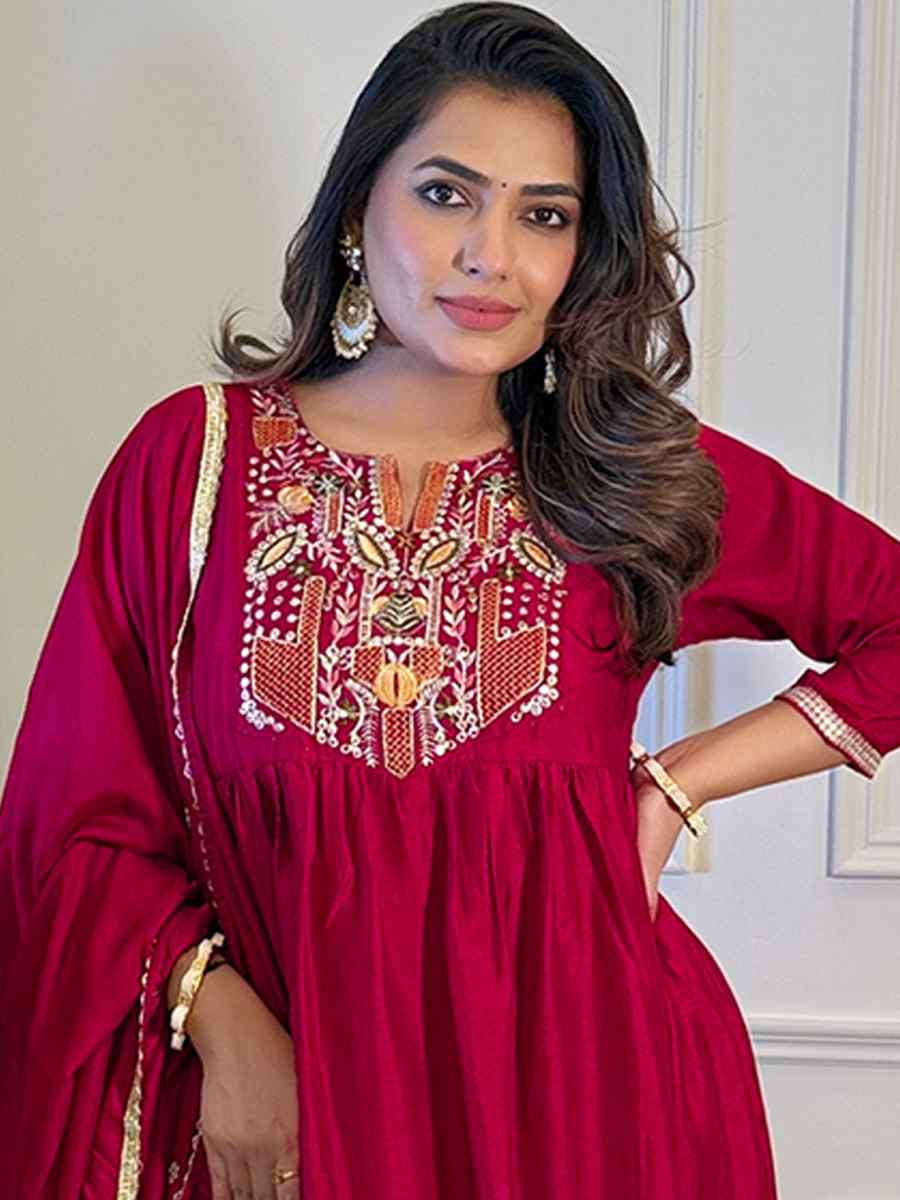 Red Silk Embroidered Festival Casual Ready Pant Salwar Kameez