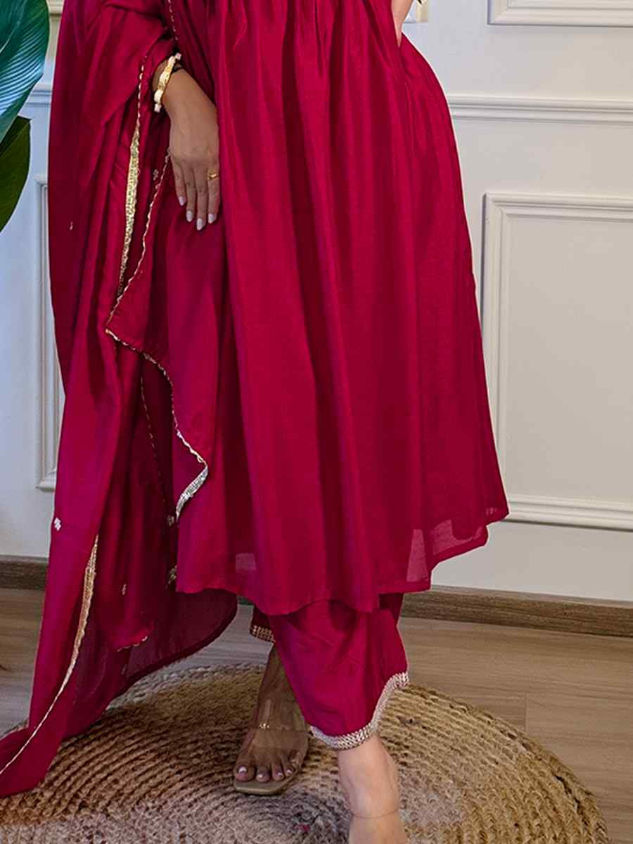 Red Silk Embroidered Festival Casual Ready Pant Salwar Kameez