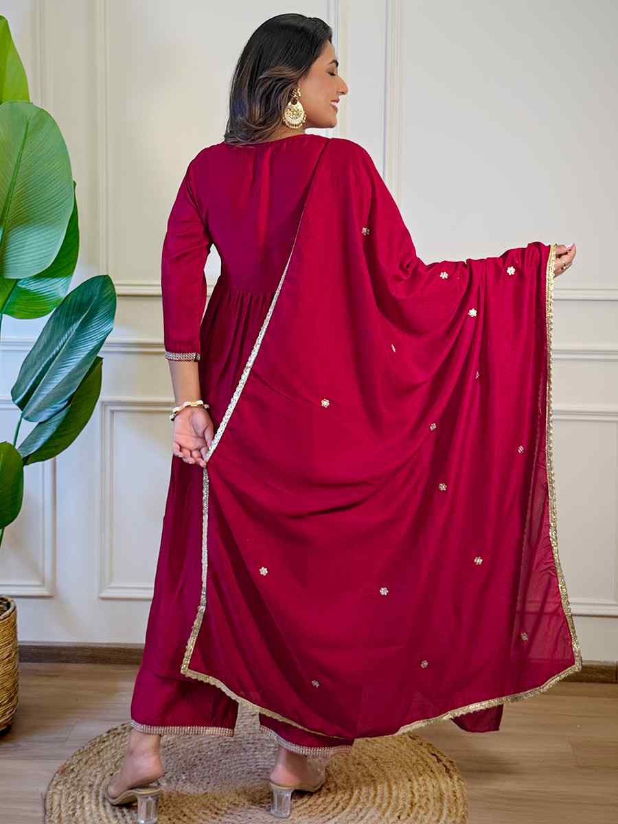 Red Silk Embroidered Festival Casual Ready Pant Salwar Kameez